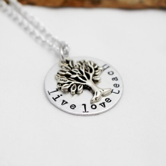 Live Love Teach - Hand Stamped Pendant Necklace - Handmade & Hypoallergenic - Picture 3 of 5